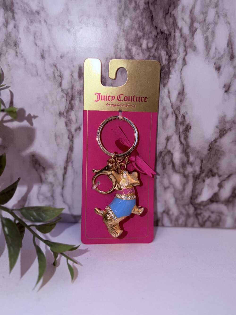 Juicy Couture Dog Keychain Gold Tone Bag Charm Pink Blue Enamel Gift